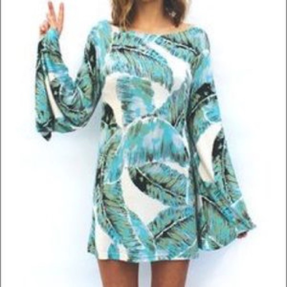 Mamie Ruth Palm Leaf Bell Sleeve Dress